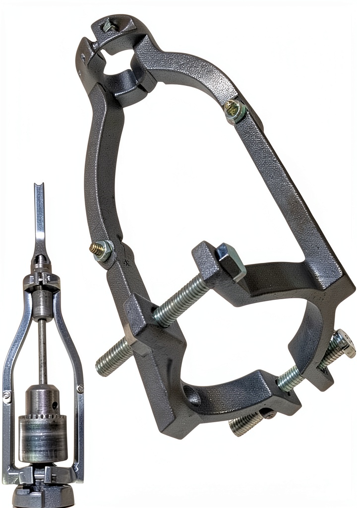 Square hole drill bracket mounted on a workbench