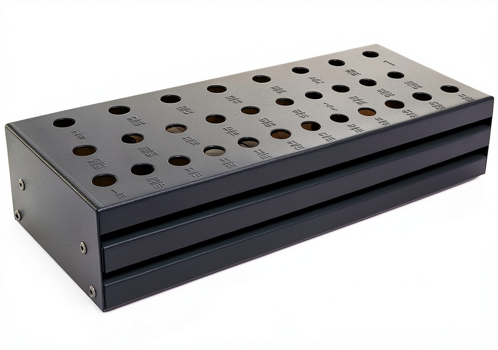 Huot drill bit stand displaying labeled holes and epoxy finish