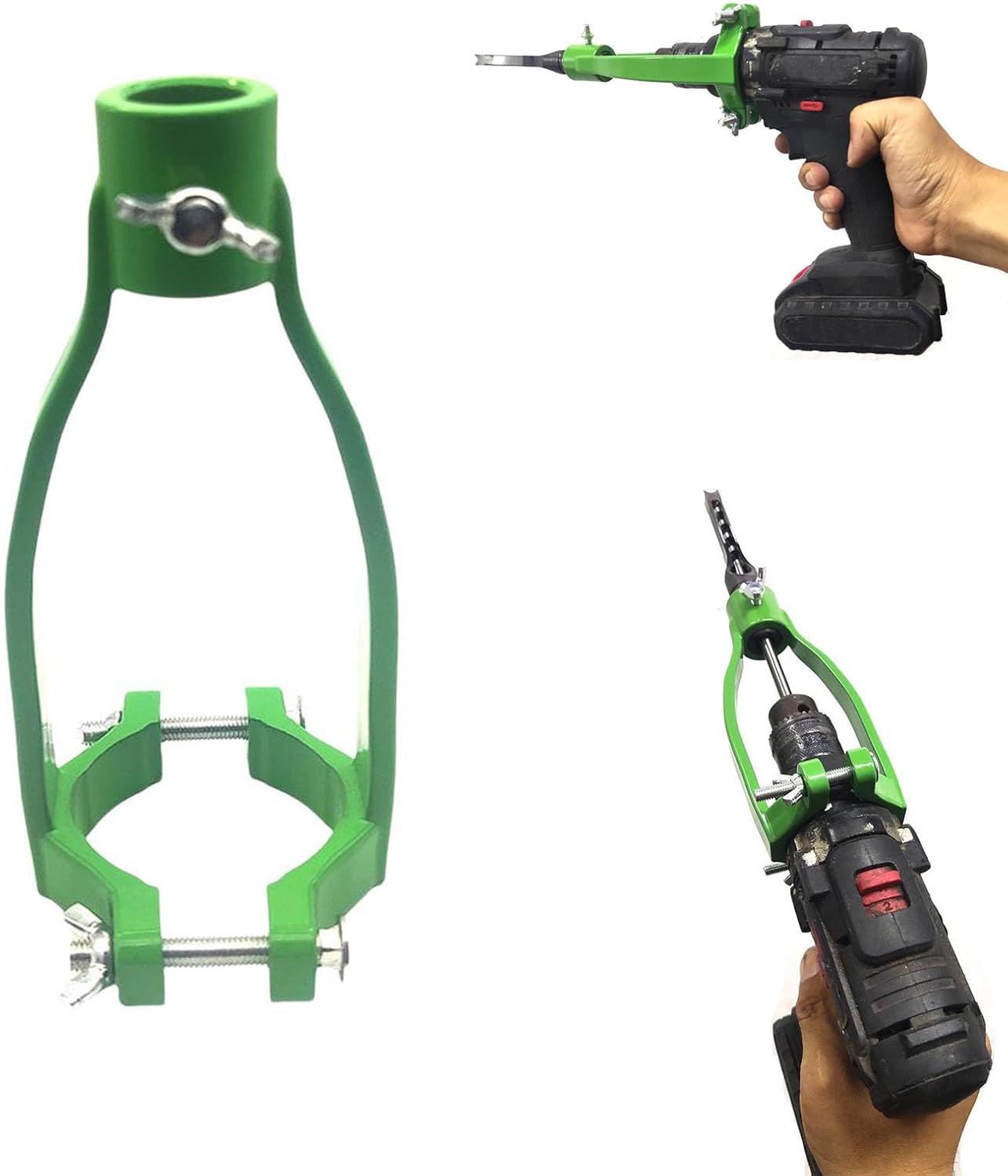 RJSQAQE square hole drill mounting bracket in green color on a workbench