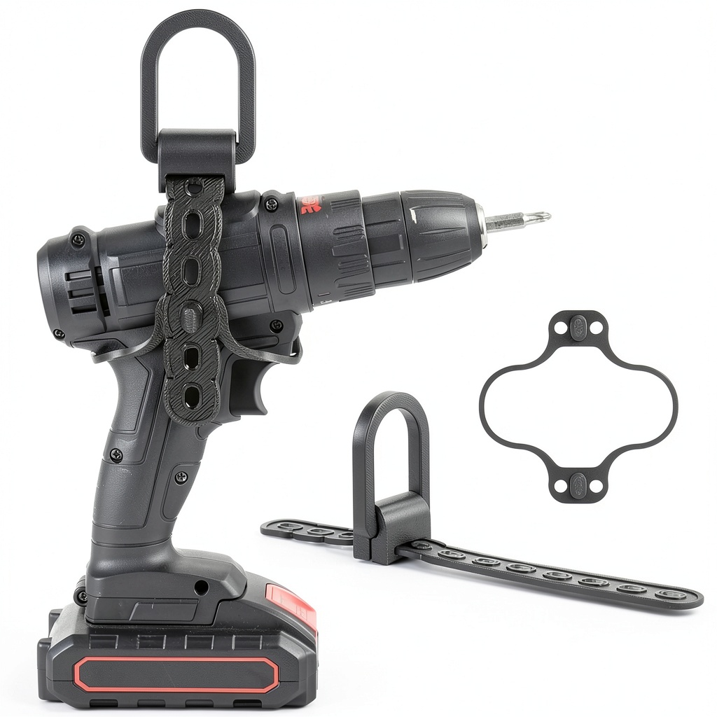 Hoolerry drill hanger mounted on a work belt with impact drill secured