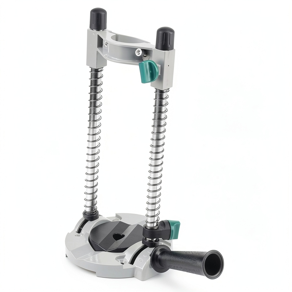 Adjustable drill holder in use on a wooden workbench