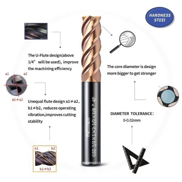 Tools Carbide Square End Mill, ACO Coating,Corner Chamfer Spiral Router Bits, Cutting for Hardened Steel(55-65HRC), Titanium Alloys, for Rough Machining, 4 Flute,3/8" Shank (.375(3/8)", 2pcs)-1